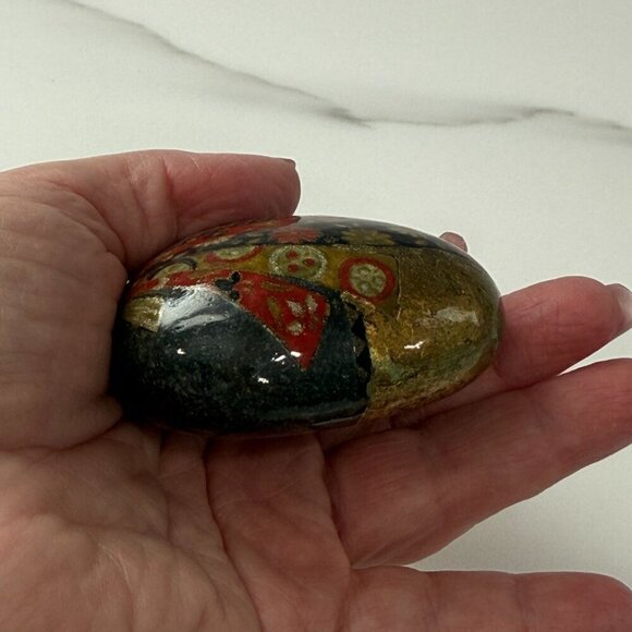 VTG Hand Painted Rock Nancy Miller 1996 Artist Signed Boho Floral Gold Black Red - Picture 12 of 12
